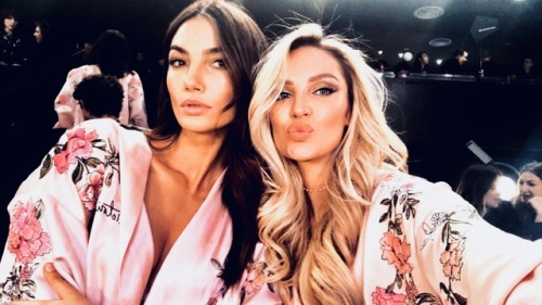 Lily Aldridge + Candice Swanepoel backstage at the 2017 Victoria’s Secret Fashion Show in Shanghai (