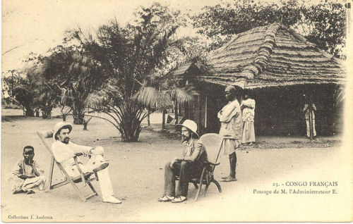 Colonial administrators have a chat in this postcard from the French Congo, 1905. The French Congo, 