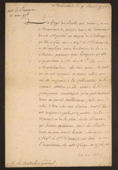 LJS 180 is a letter written from Versailles, 9 August 1776, to the contrôleur général des finance