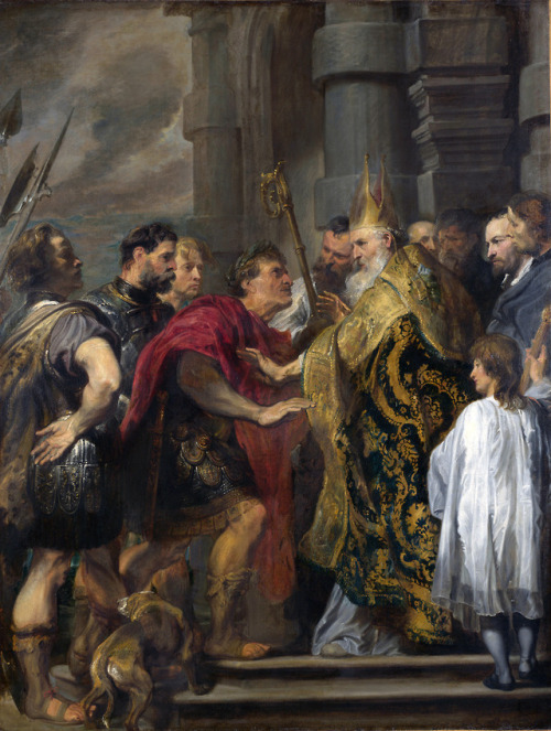 tokillthedragon:chi-the-rho:St. Ambrose denying emperor Theodosios I entry into the Milan cathedral 