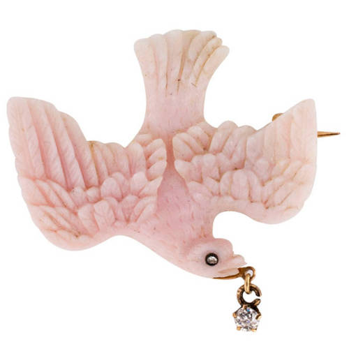 Victorian Carved Pink Coral And Diamond Dove Brooch C. 1850
