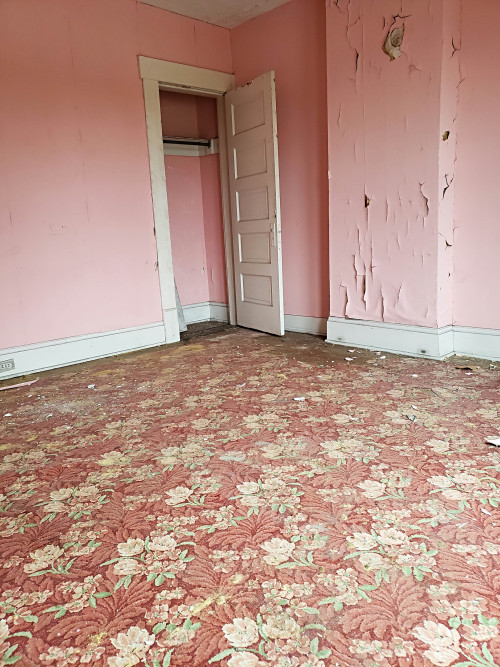 urban-detritus:  Most likely the pink walls weren’t around when the pink floor cloth was put down, but it sure goes together. 