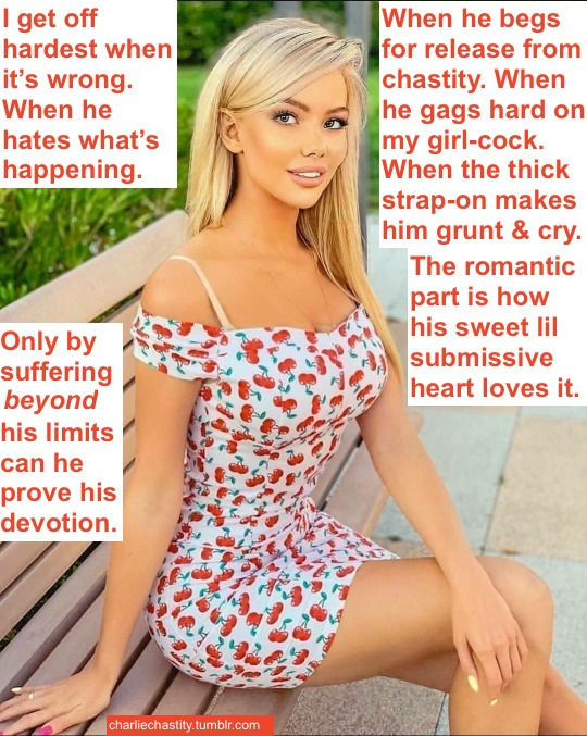 I get off hardest when it’s wrong. When he hates what’s happening.When he begs for release from chastity. When he gags hard on my girl-cock. When the thick strap-on makes him grunt  & cry.The romantic part is how his sweet lil submissive