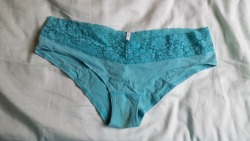 violet8kay:  Blue extra low rise bikini with lace trim. Medium.Permanent period stains… wore them nonetheless. Got them soaked last night. 