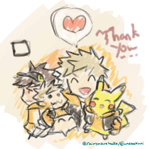 rainyazurehoodie:  It was a random not thought out well idea. Mimikyu and Pikachu want to show Spark their outfits, also Go sometime can’t but laugh at horrible pokemon puns. 