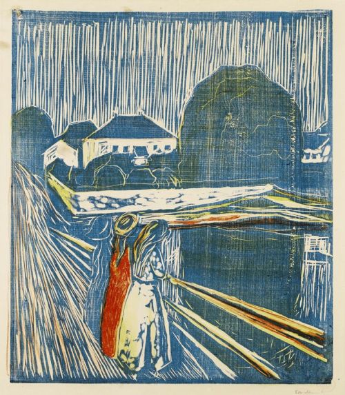 nobrashfestivity: Edvard Munch,The Girls on the Bridge, 1918, woodblock print