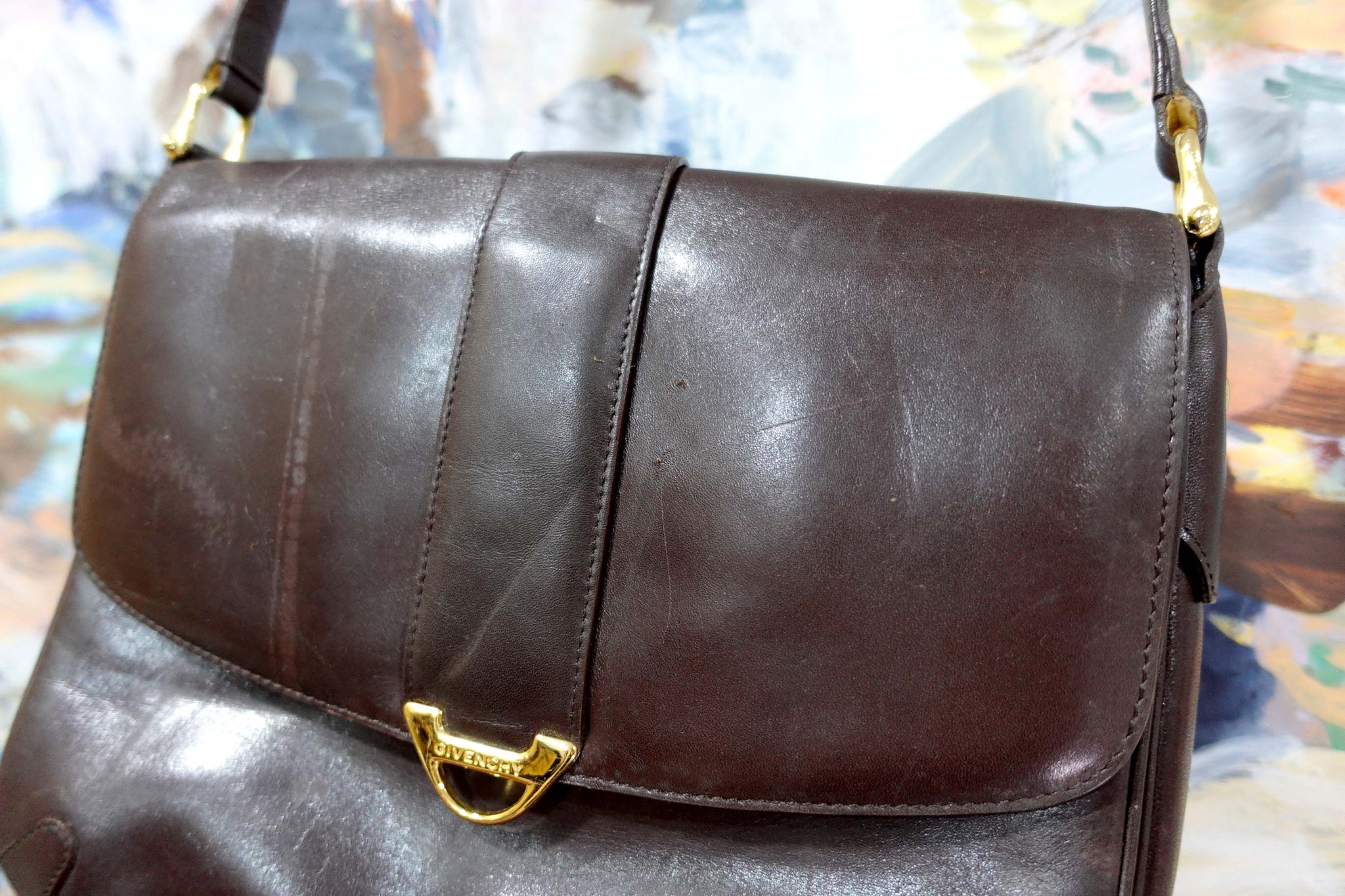 Used GIVENCHY coffee leather cowhide long shoulder strap handbag handbag bag  lady made in Japan second-hand ancient - Shop Mr.Travel Genius Antique shop  Handbags & Totes - Pinkoi