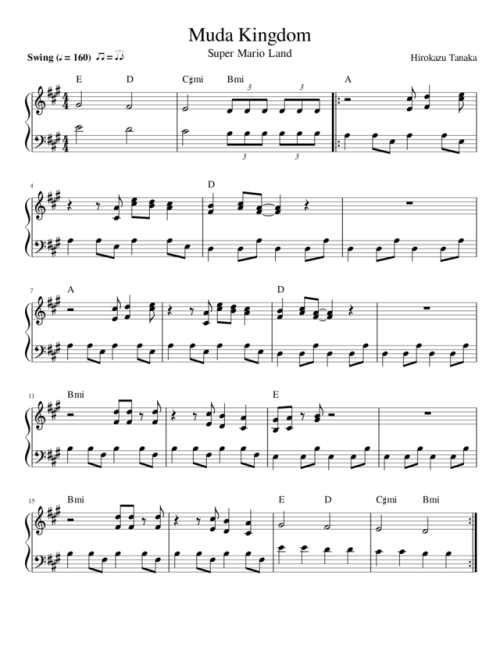 Full transcription of “Muda Kingdom” from Super Mario Land! I posted lead sheets yesterday.Check bac