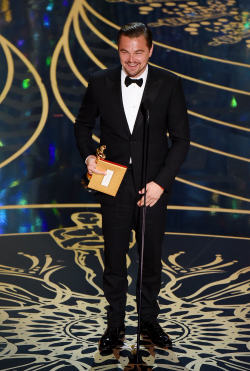 frankunderwood:  Leonardo DiCaprio accepts the award for Best Actor in The Revenant on stage at the 88th Oscars on February 28th, 2016 