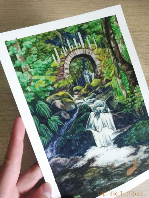  “The sacred waterfall”Original painting.21 X 15cm.Watercolor, gouache and color pencils