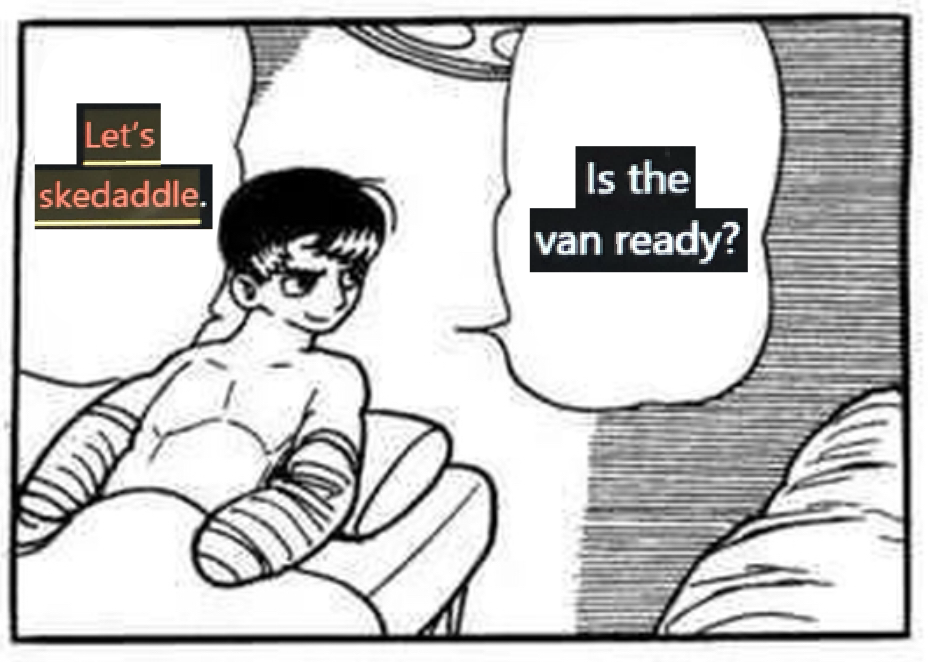 A mock scanlation of Black Jack ch28 'Finger.' Makube sits up on the operating table with a smirk on his face, saying 'Is the van ready? Let's skedaddle.' The text is obviously pasted from a small portion of a screen-shotted text document.