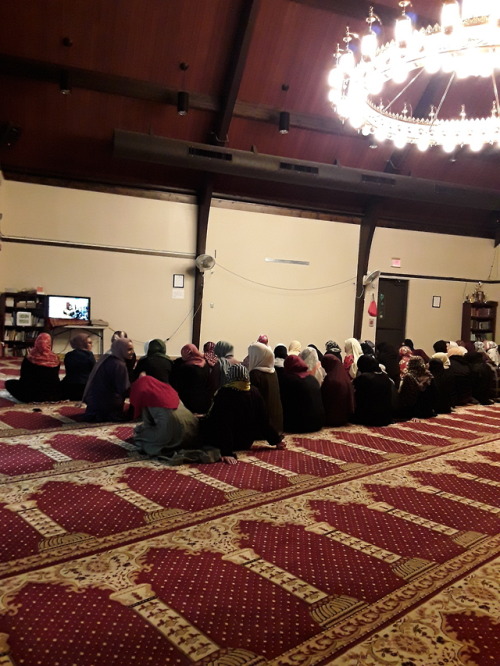 Women pray Taraweeh in the men’s hall, while men pray in the gym, during Ramadan at the Islamic Cent