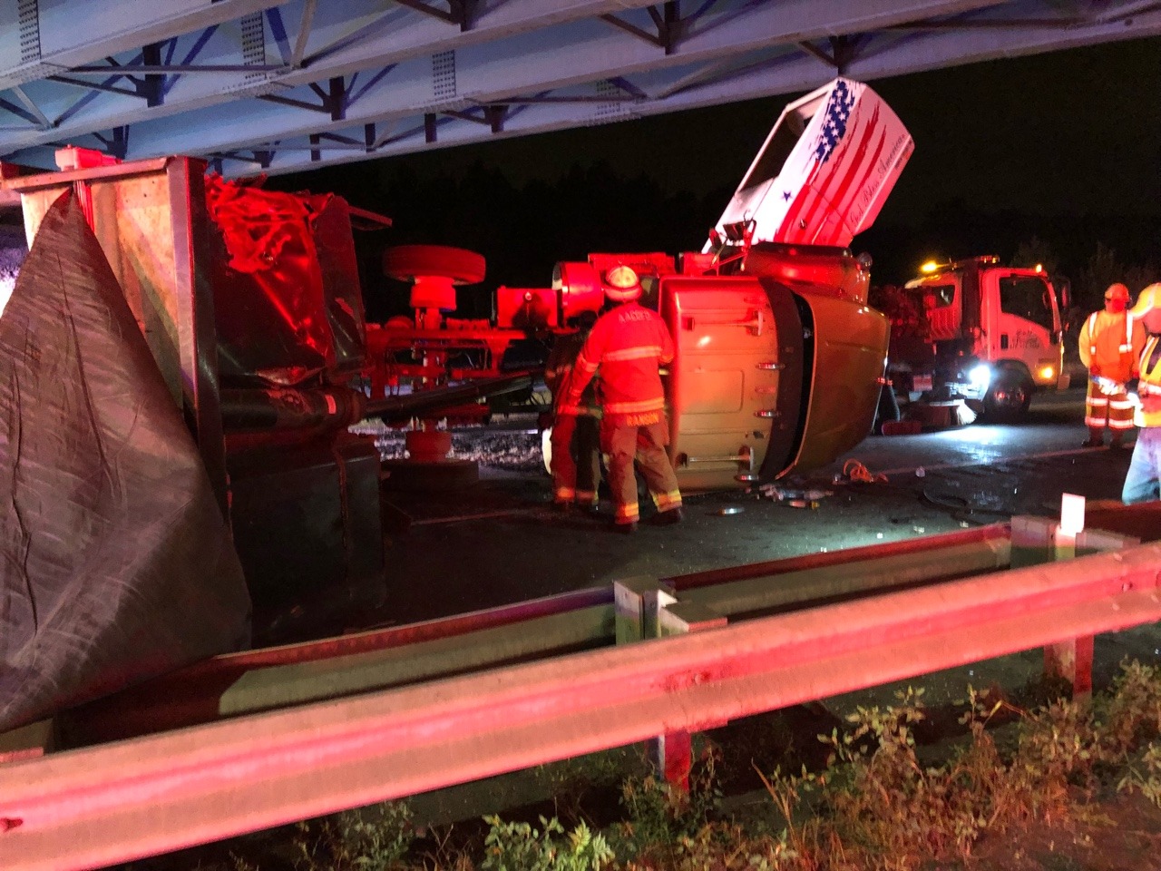 Dump truck left their bed up and hit a overhead bridge on my job last night 