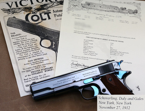 weaponslover:   1912 Colt    This gun was shipped on November 27, 1912.      The “Government Model”As soon as Colt got their military production squared away, they worked on releasing a commercial version of the Model 1911.  It was introduced as