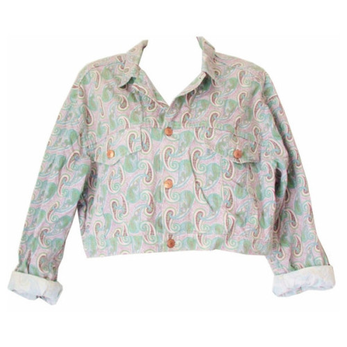 90s cropped denim jacket, paisley floral print, pastel soft grunge seapunk M L Veste en jean crop im