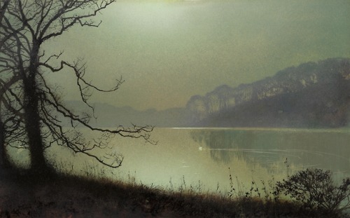 thunderstruck9: John Atkinson Grimshaw (British, 1836-1893), At the Lakeside, Moonlight. Oil on card