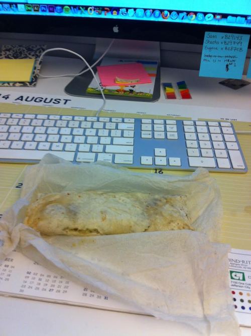 Congrats to Julie and her @TraderJoesUSA frozen burrito! The winner of #FoodtoEat + #SadDeskLunch contest.
sad-desk-lunch:
“ Trader Joe’s Frozen Burrito, wrapped, heated, and served in a damp paper towel. #GottaGetDownOnFriday
”