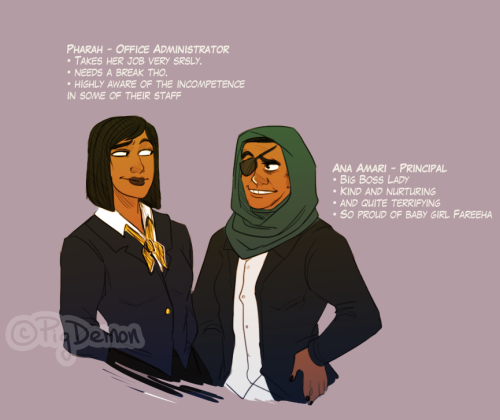 pigdemonart:  It’s the Overwatch High School AU thing. Like I said before, I’ve seen drabbles and fanart of characters as students, so I tried a different take where they keep their ages and are staff members instead. Thanks to everyone who sent