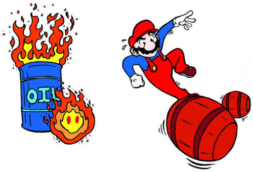 Donkey Kong barrel and flame, classic-colors Mario by Morbidly-Obtuse
