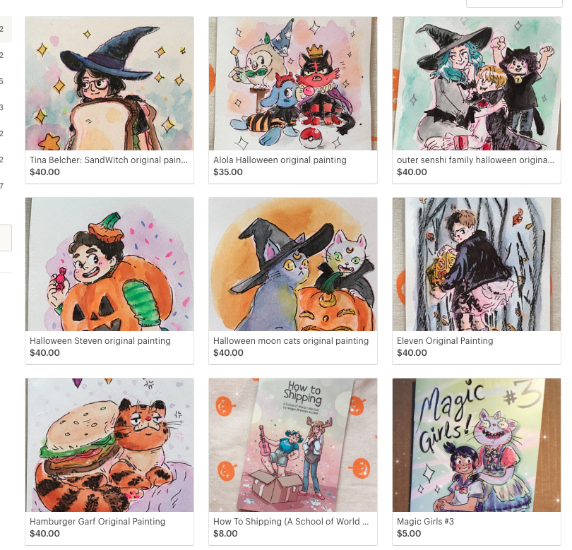 I just restocked my Etsy, in case you wanted to snag something as a gift/for yourself! Magic Girls 3 & How to Shipping are both new, as well as a bunch of original halloween paintings (is halloween in december a thing??? I hope it is) my enamel pin...