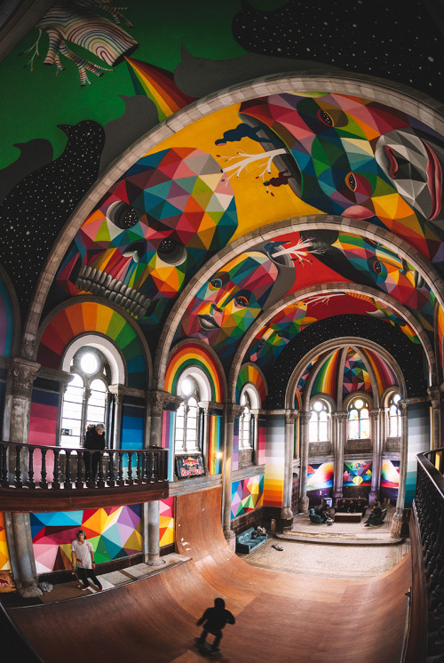 littlelimpstiff14u2:  Okuda San Miguel paints colourful mural within converted church’s indoor skate park A historic church in the Spanish municipality of Llanera, Asturias is no ordinary place for parishioners. instead, the site has  been made into