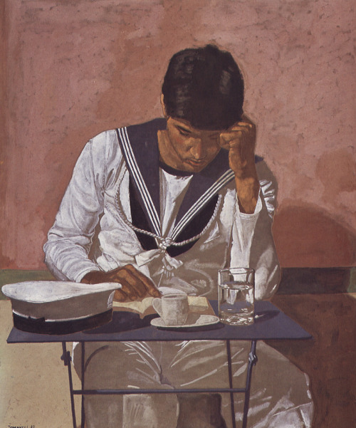 yiannis-tsaroychis:Mariner reading on pink background, Yiannis Tsaroychis