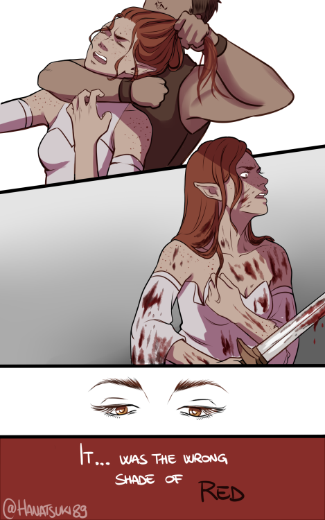 hanatsuki89: Old comic about my Tabris Warden (she pronouns!!) and Zevran that was left in my half-d