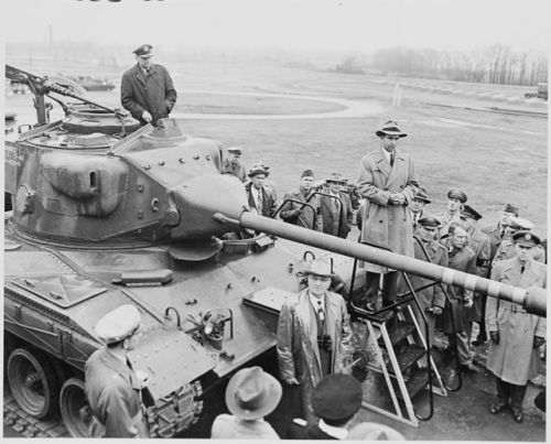 US President Harry Truman with a T-41 prototype tank undergoing trials at Aberdeen Proving Grounds, 