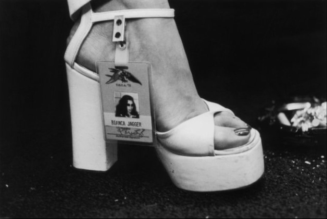 Excess all areas.
(Bianca Jagger’s backstage pass to The Rolling Stones 1975 tour attached to her platform shoe).