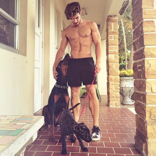 ijulian89:  Celebrating #nationaldogday with my pooters @ihensley_ @ijasper_ 🐶💜🐶 time for a long run and treats for my boys