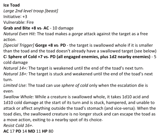A 13th Age monster stat block for the ice toad. The plain text can be found below the read more.