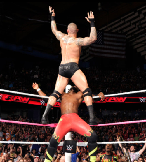 I’d love to be Kofi Kingston here! Looking up at Randy while he does his pose. Perfect view! 