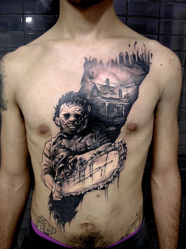 Tattoo uploaded by minerva  Colored Leatherface Tattoo by Alex Wright  Thealexwright Leatherface Leatherfacetattoo TexasChainsawMassacre  serialkiller killertattoo horror thriller darktattoos  TheTexasChainsawMassacre AlexWright  Tattoodo