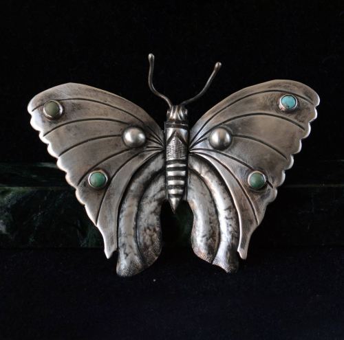eriebasin:A very large Mexican sterling silver and turquoise butterfly brooch. (online)