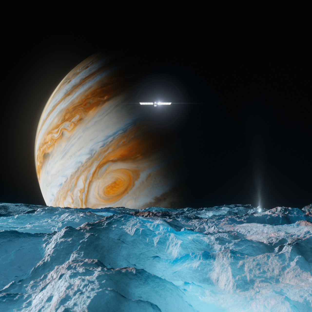 Jüpiter gezegeninin, uydusu Europa'nın ufku üzerinde yükselişini gösteren bir illüstrasyon. Europa'nın yüzeyi mavi, yarı saydam buzdan oluşan kaba bir manzaradan oluşuyor. Jüpiter'in atmosferinde rengarenk turuncu, mavi ve krem ​​renkli şeritleri ve dönen fırtınaları görülebiliyor. Orta mesafede, güneş paneli kanatları güneş ışığında parıldayan Europa Clipper uzay aracı görülebiliyor. Resim kaynak: NASA/JPL-Caltech