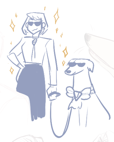 Franziska with Pess on a leash. They are both wearing sunglasses. They are very cool.