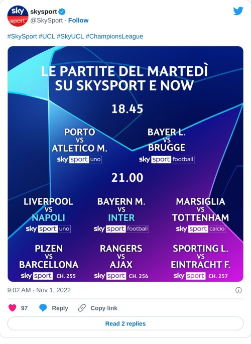 #SkySport #UCL #SkyUCL #ChampionsLeague pic.twitter.com/8unHE2Vs0D  — skysport (@SkySport) November 1, 2022