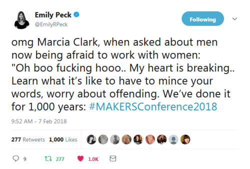 “omg Marcia Clark, when asked about men now being afraid to work with women:&ldquo;Oh boo fucking ho