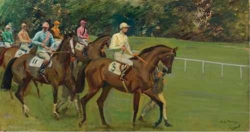 ce-sac-contient:Sir Alfred James Munnings (1878-1959) - Parade to the Post, Kempton ParkOil on panel