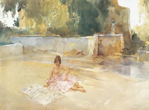artbeautypaintings:  The newspaper - William Russell Flint
