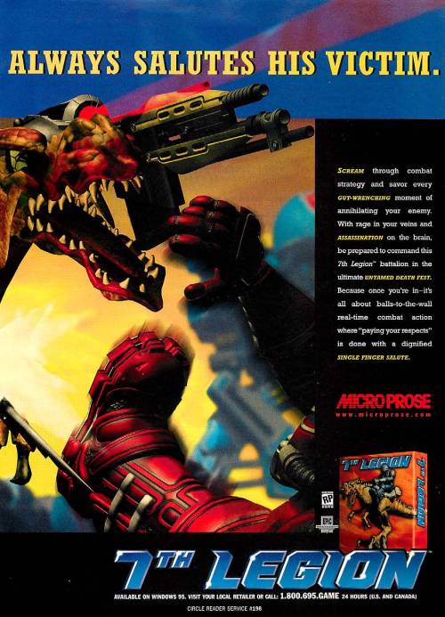 vgprintads:  ‘7th Legion’[PC] [USA] [MAGAZINE, SPREAD] [1997]Computer Gaming World, September 1997 (#158)via CGW MuseumBecause a gut-toting, dinosaur-riding space marine that’s giving the finger may be the most awesome thing you will see today…