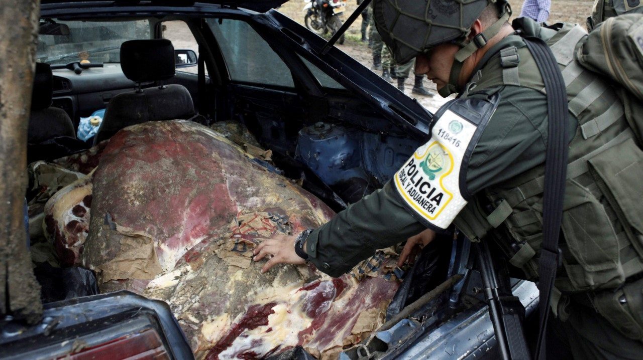 VENEZUELA. Un policía colombiano inspecciona la carne confiscada en un vehículo durante una operación militar en la frontera. Miles de personas para intentar cruzar de Venezuela a Colombia a través del puente internacional Simón Bolívar en Cúcuta. Si...