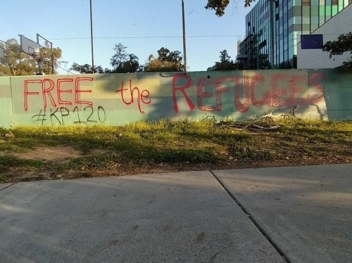 Free the Refugees graffiti seen in Meanjin / Brisbane, in solidarity with the refugee men imprisoned