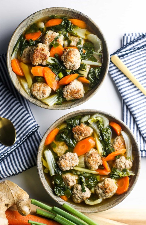 GINGER PORK MEATBALL SOUP WITH BOK CHOY - Ginger is the star of this delicious, simple, and comforti