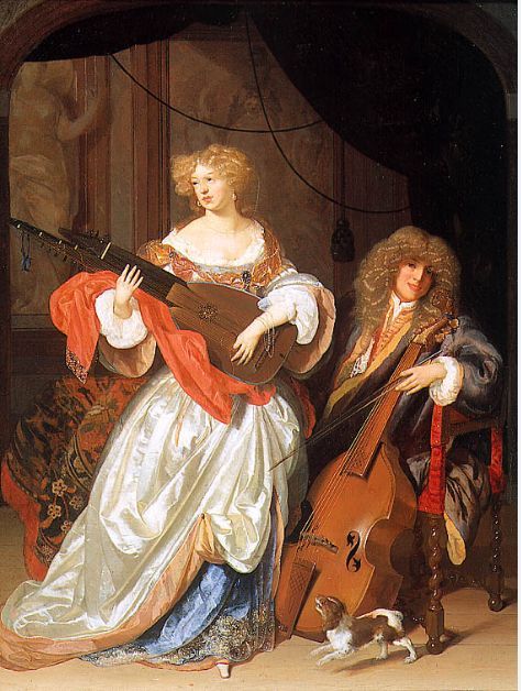 “Couple making music” (lady is playing the lute and the gentleman a viola da gamba) by A