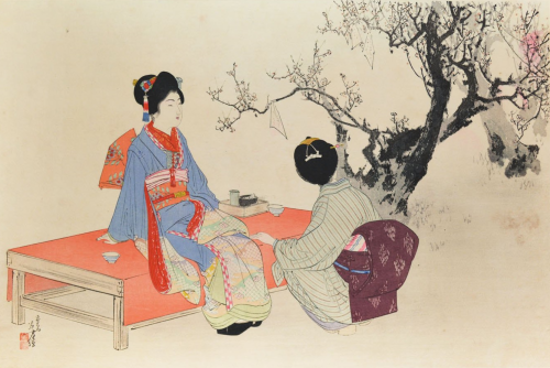 fordarkmornings:Mizuno Toshikata  |  水野年方  -  Plum Blossom Viewing, 1898Japanese, 1866-1908Woodblock