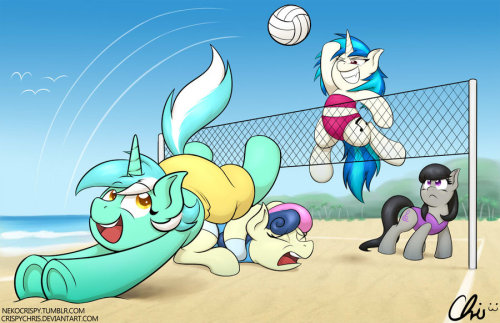 nekocrispy:  MLP Xtream Beach Volleyball by CrispyChris The idea for this popped into my head on my way back from Bronycon. I’ve been thinking about what kind of print I should make for Grand Brony Gala and wanted it to be Florida and summer themed