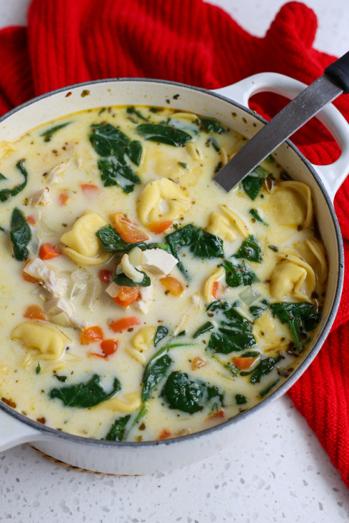 foodffs: An easy creamy Chicken Tortellini Soup made with already cooked rotisserie chicken, onions,
