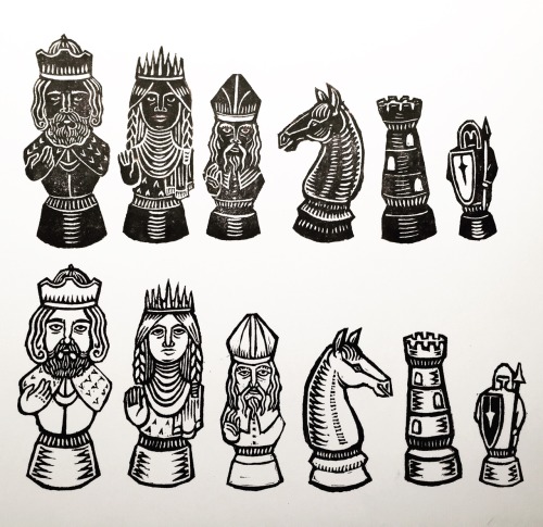 Chess set, rubber stamps on paper