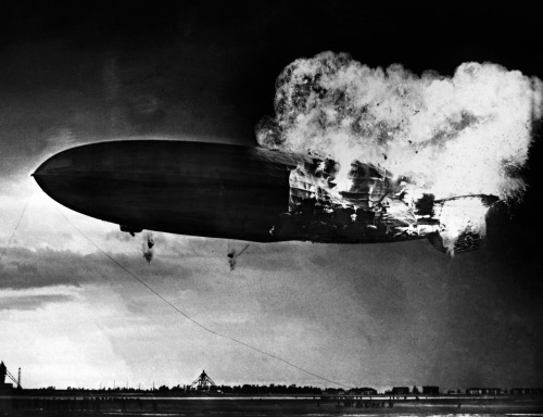 The Zeppelin LZ 129 Hindenburg catching fire on May 6, 1937 at Lakehurst Naval Air Station in New Jersey.